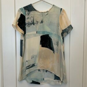 Aritzia Wilfred Silk shirt abstract geometric pattern high low hem size S